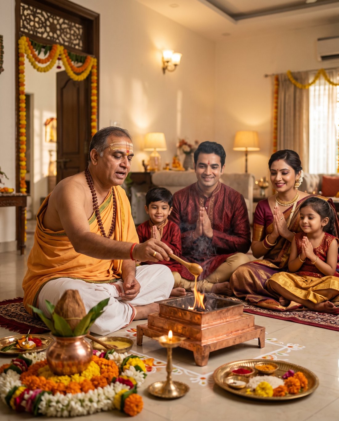 Acharya Pandit Ji performing Vedic havan puja for a family at home in Lucknow